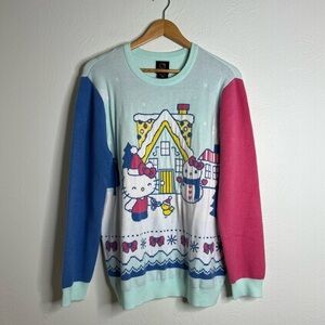 NWT Hello Kitty Holiday Sweater Mint Blue Pink Colorblock Winter Scene Size L